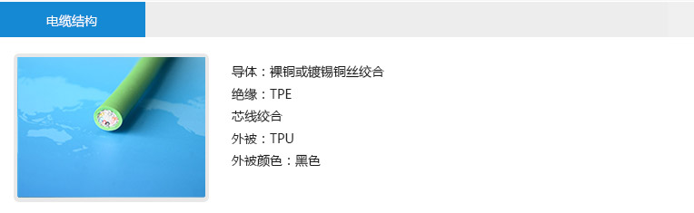 電纜結構： 導體：裸銅或鍍錫銅絲絞合 絕緣：TPE 芯線絞合 屏蔽：高遮蔽率鍍錫銅絲屏蔽 外被：PUR 外被顏色：橙色